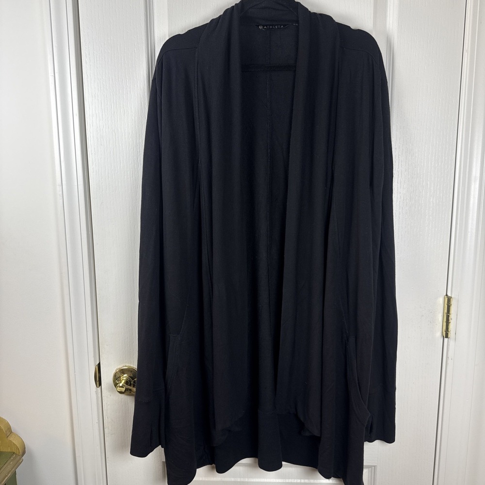 Athleta Black Modal Open Front Cardigan Wrap Sweater Thumbholes Pockets XL TG